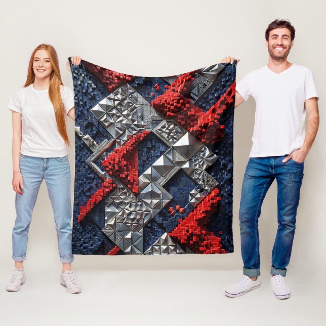 Dark Blue Vivid Red Silver Micro Mosaic 3D  Fleece Blanket (In Situ)