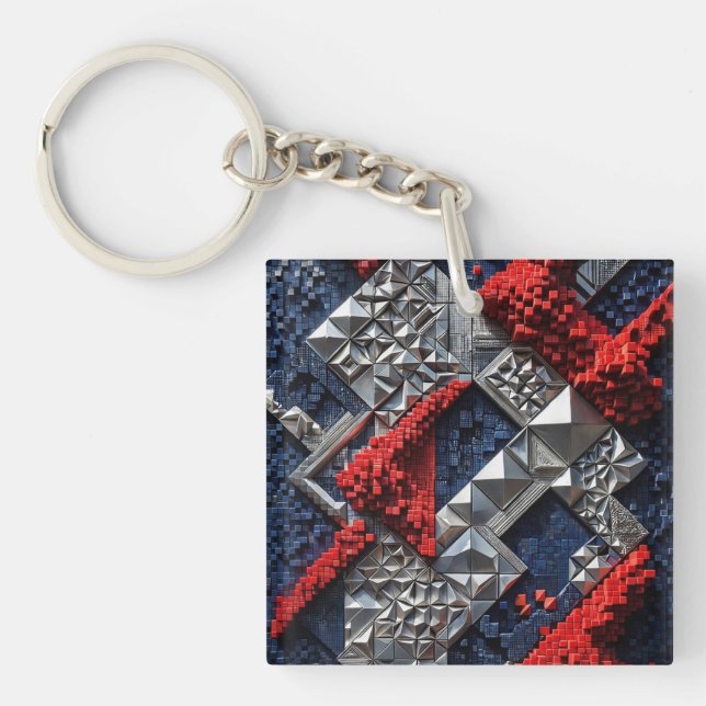 Dark Blue Vivid Red Silver Micro Mosaic 3D  Key Ring (Front)
