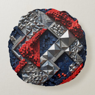 Dark Blue Vivid Red Silver Micro Mosaic 3D Round Cushion