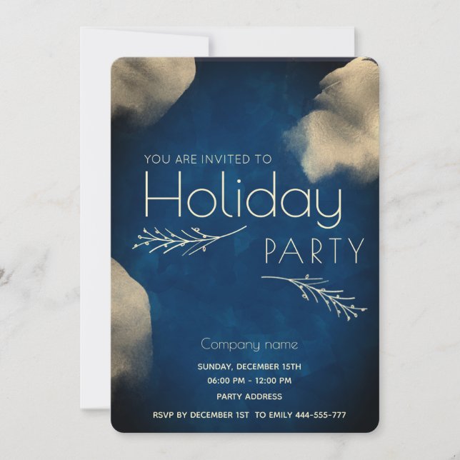 Dark blue watercolor botanical Holiday party   Invitation (Front)