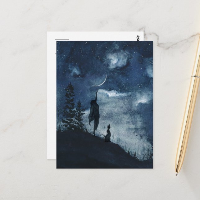 Dark blue watercolor crescent moon goddess hare postcard (Front/Back In Situ)