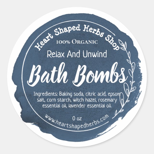 Dark Blue Watercolor Leaf Bath Bomb Classic Round Sticker (Front)