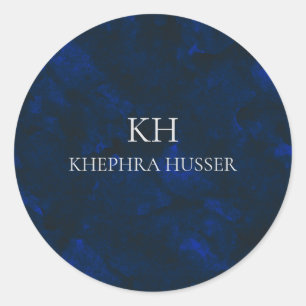Dark Blue Watercolor Monogram Name Classic Round Sticker