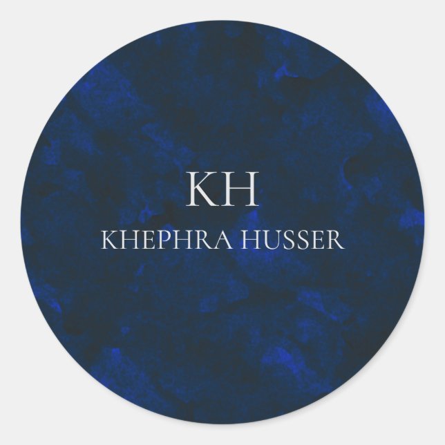 Dark Blue Watercolor Monogram Name Classic Round Sticker (Front)