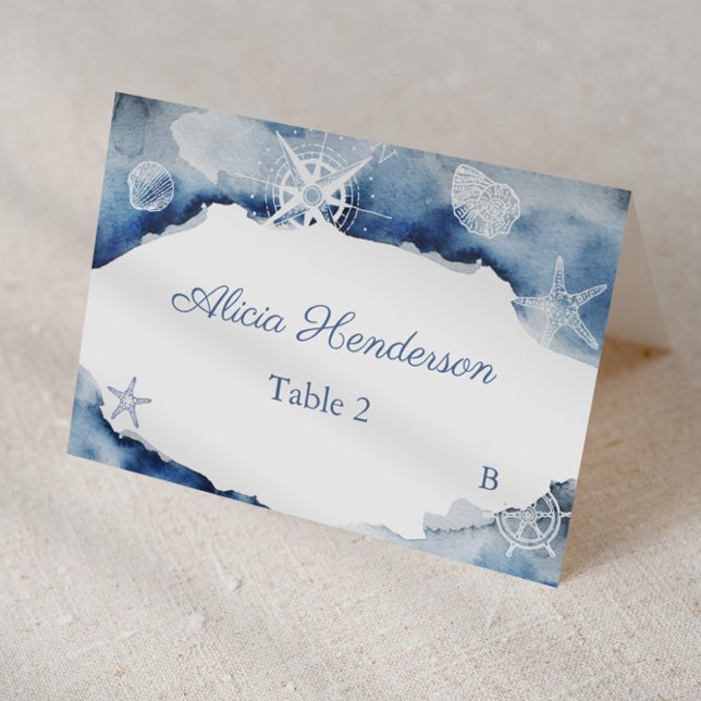 Dark Blue Watercolor Ocean Baby Shower Place Card (Nautical inspired individual place cards for wedding, christening etc featuring dark blue watercolor)