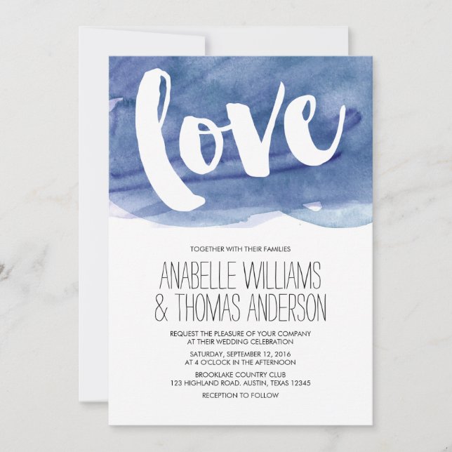 Dark Blue Watercolor Wash Wedding Invitation (Front)