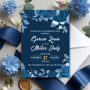 Dark blue wedding with elegant blue roses invitation