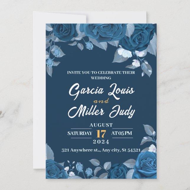 Dark blue wedding with elegant blue roses invitation (Front)
