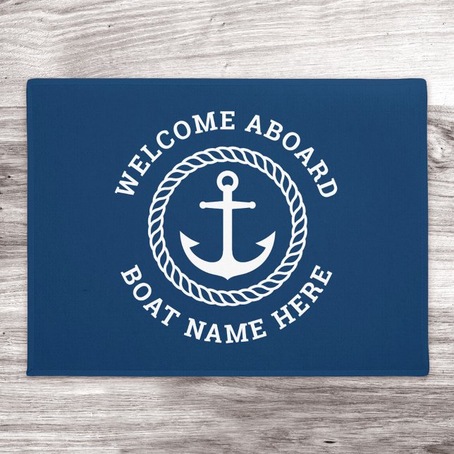 Dark blue welcome aboard custom boat name doormat (Creator Uploaded)