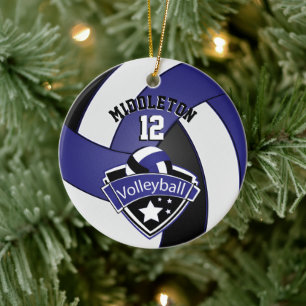 🏐 Dark Blue, White & Black Personalise Volleyball Ceramic Tree Decoration