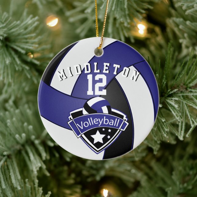 Dark Blue, White & Black Personalise 🏐 Volleyball Ceramic Tree Decoration (Tree)