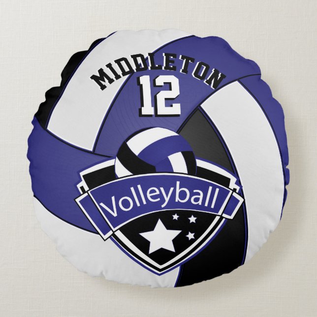 Dark Blue, White & Black Personalise Volleyball Round Cushion (Front)