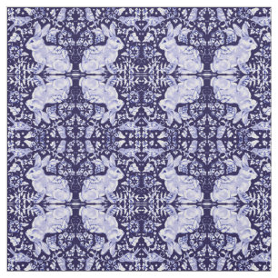 Dark Blue & White Bunny Rabbit Bird Small Print Fabric