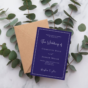 Dark blue white classic formal wedding invitation