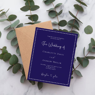 Dark blue white classic formal wedding invitation