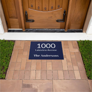 Dark Blue & White Family Name House Number Address Doormat