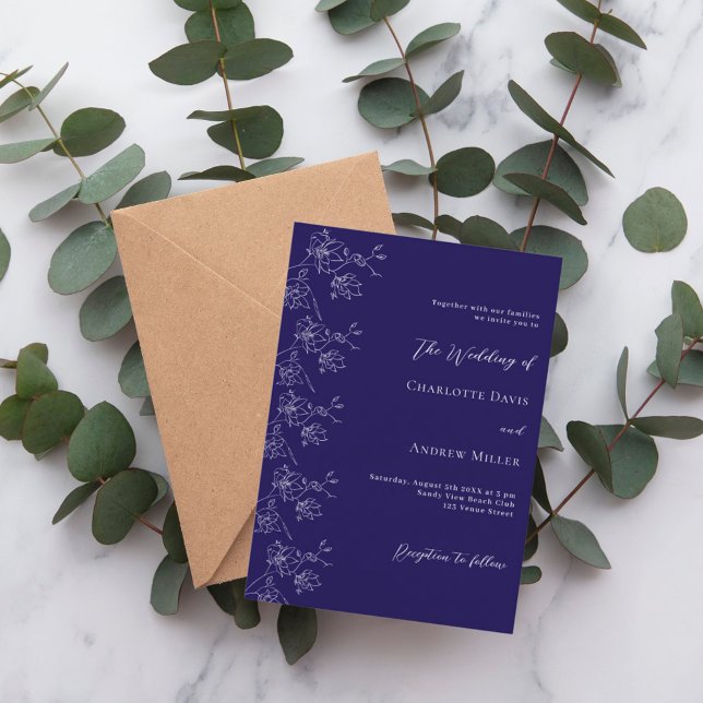 Dark blue white floral formal wedding invitation (Creator Uploaded)