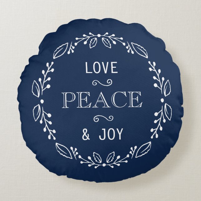 Dark Blue White Floral Holiday Peace Typography Round Cushion (Front)
