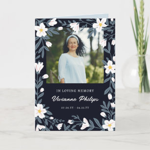 Dark Blue & White Floral Photo Funeral Program Invitation