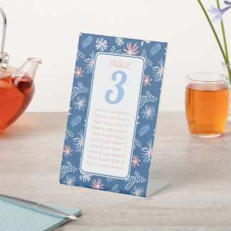 Dark blue & white floral seating chart table # pedestal sign