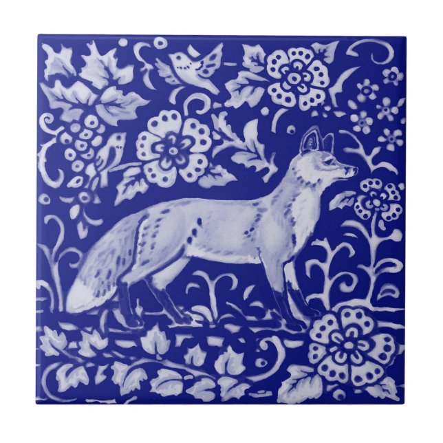 Dark Blue White Fox Bird Woodland Farmhouse 4 1/4" Tile (Front)