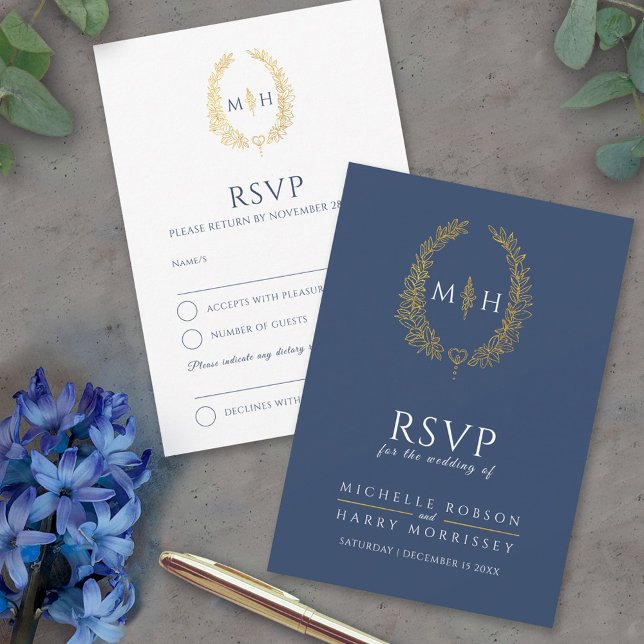 Dark blue white gold drawn leaf monogram wedding RSVP card (Creator Uploaded)