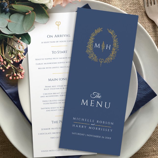 Dark blue white gold leaf oval monogram wedding menu (Creator Uploaded)
