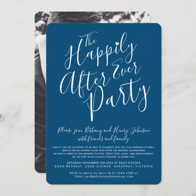 Dark blue  white happily ever after wedding party invitation (Front/Back)