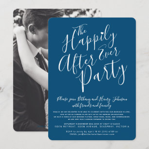 Dark blue white happily ever after wedding party invitation