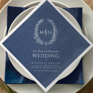 Dark blue white leaf oval monogram art wedding napkin