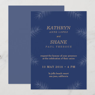 Dark Blue White Leaves Beach Wedding Invitation
