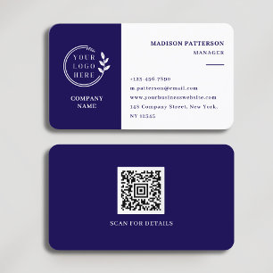Dark Blue White Logo QR Code Minimalist Modern Business Card