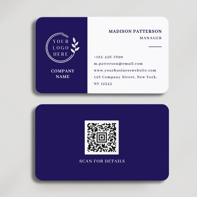 Dark Blue White Logo QR Code Minimalist Modern Business Card (Creator Uploaded)