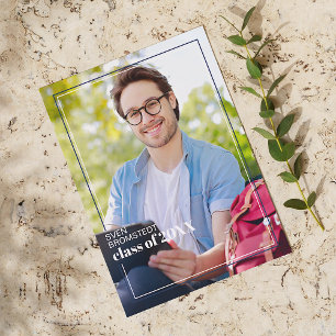 Dark Blue White Minimalist Graduation Announcement Postcard