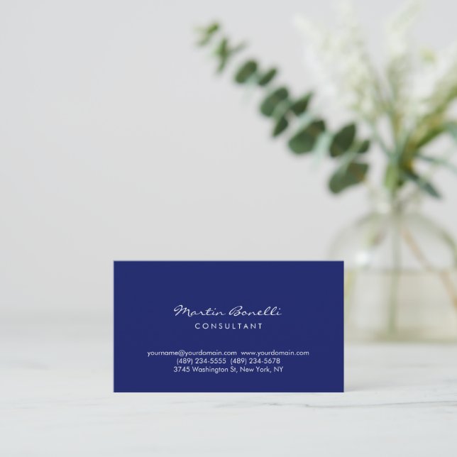 Dark Blue White Minimalist Script Plain Simple Business Card (Standing Front)