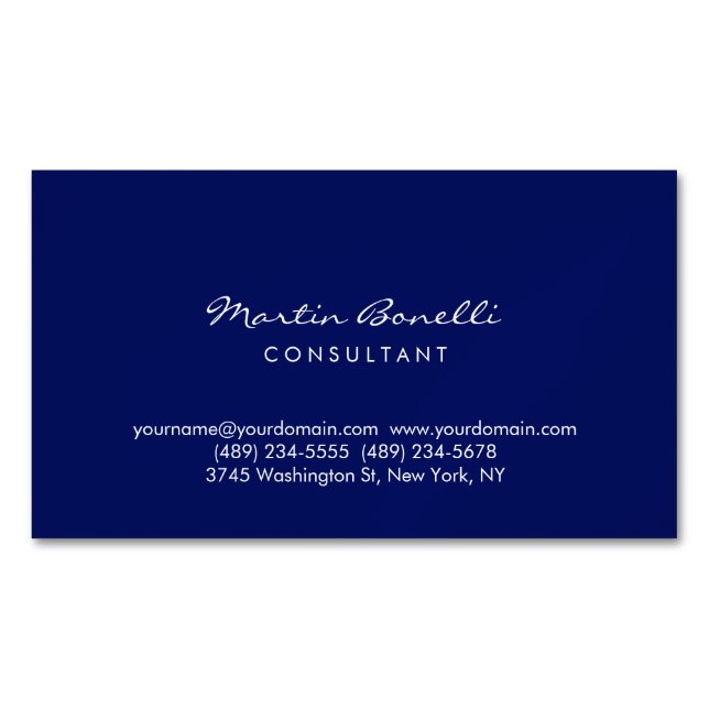 Dark Blue White Minimalist Script Plain Simple Magnetic Business Card (Front)