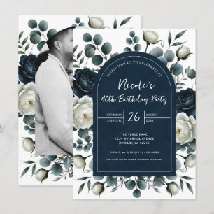 Dark Blue & White Modern Floral Birthday Party Invitation
