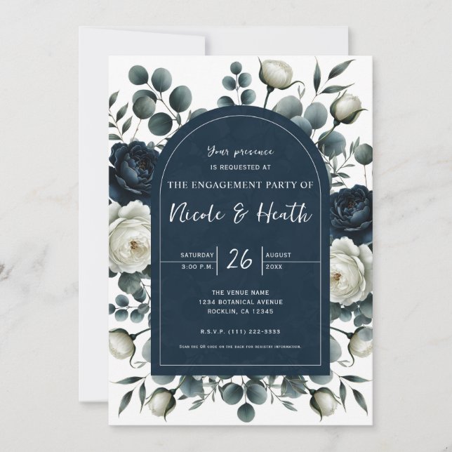Dark Blue & White Modern Floral Engagement  Invitation (Front)