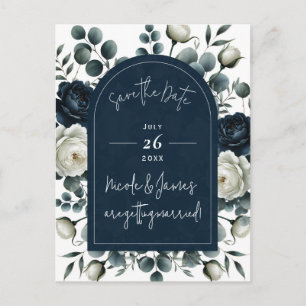 Dark Blue & White Modern Floral Greenery Save Date Announcement Postcard