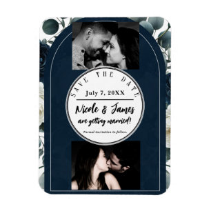 Dark Blue & White Modern Floral Greenery Save Date Magnet