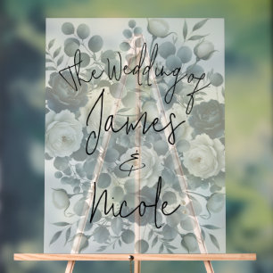 Dark Blue & White Modern Floral Greenery Wedding Acrylic Sign
