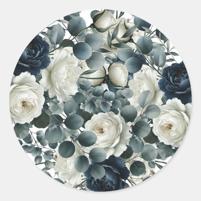 Dark Blue & White Modern Floral Greenery Wedding Classic Round Sticker (Front)