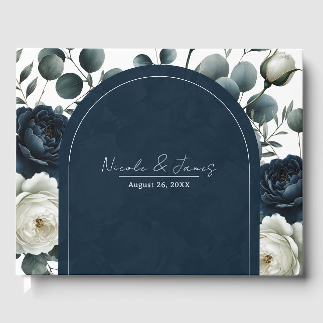 Dark Blue & White Modern Floral Greenery Wedding Guest Book (Front)
