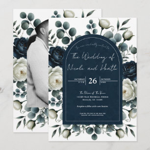 Dark Blue & White Modern Floral Greenery Wedding Invitation