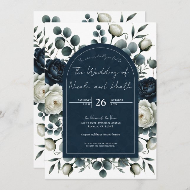 Dark Blue & White Modern Floral Greenery Wedding Invitation (Front/Back)