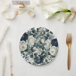 Dark Blue & White Modern Floral Greenery Wedding Paper Plate