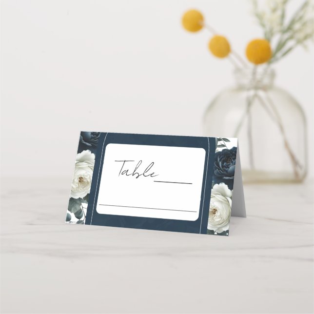 Dark Blue & White Modern Floral Greenery Wedding Place Card (Front)