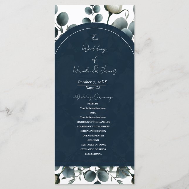 Dark Blue & White Modern Floral Greenery Wedding Programme (Front)