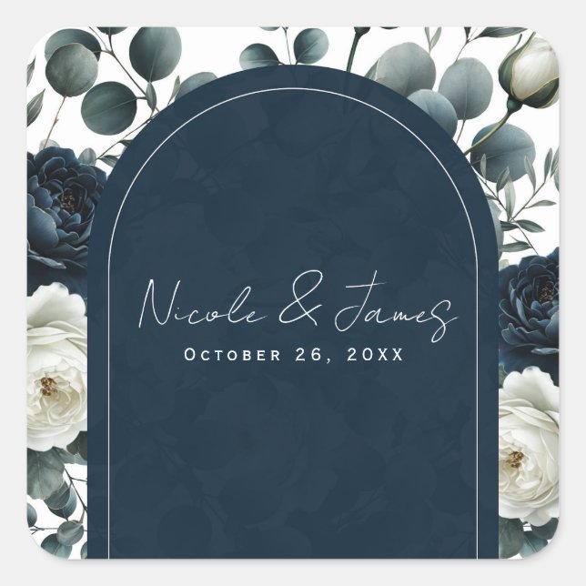 Dark Blue & White Modern Floral Greenery Wedding Square Sticker (Front)