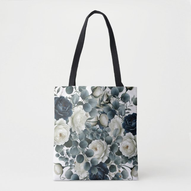 Dark Blue & White Modern Floral Greenery Wedding Tote Bag (Front)
